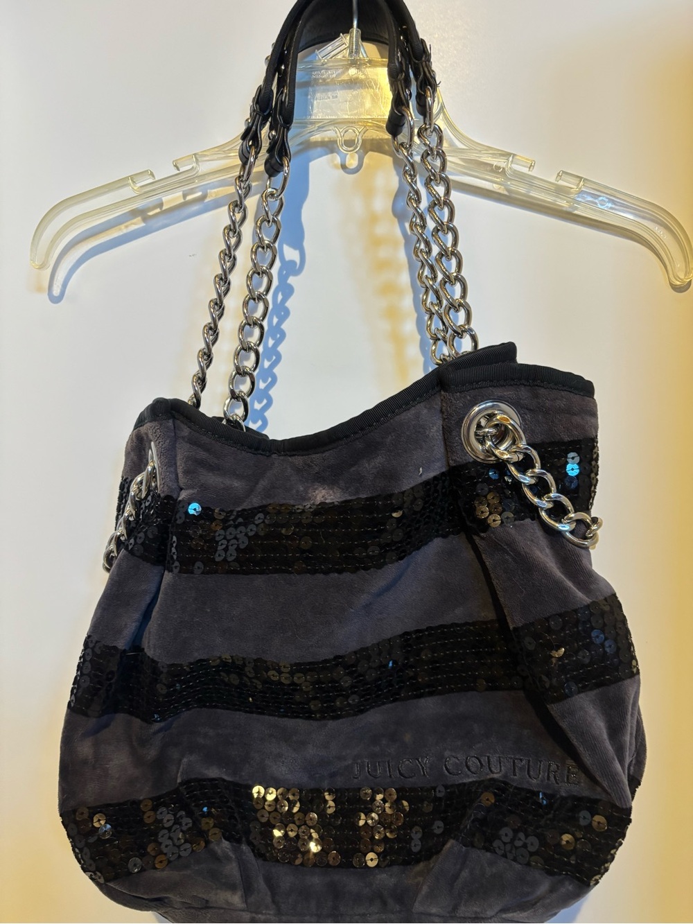 Juicy Couture Black Sequin Striped Suede Chain-Handle Shoulder Bag
